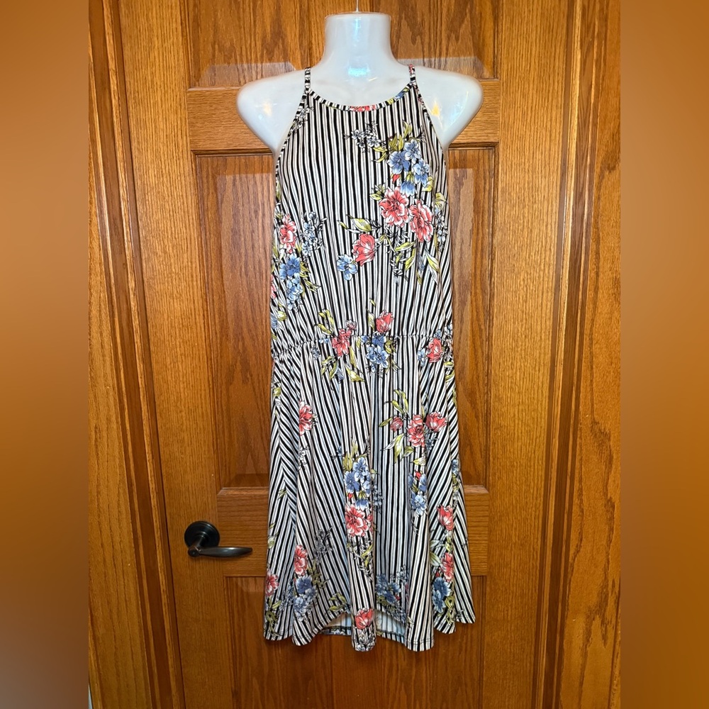 French Grey Striped Floral Halter Dress